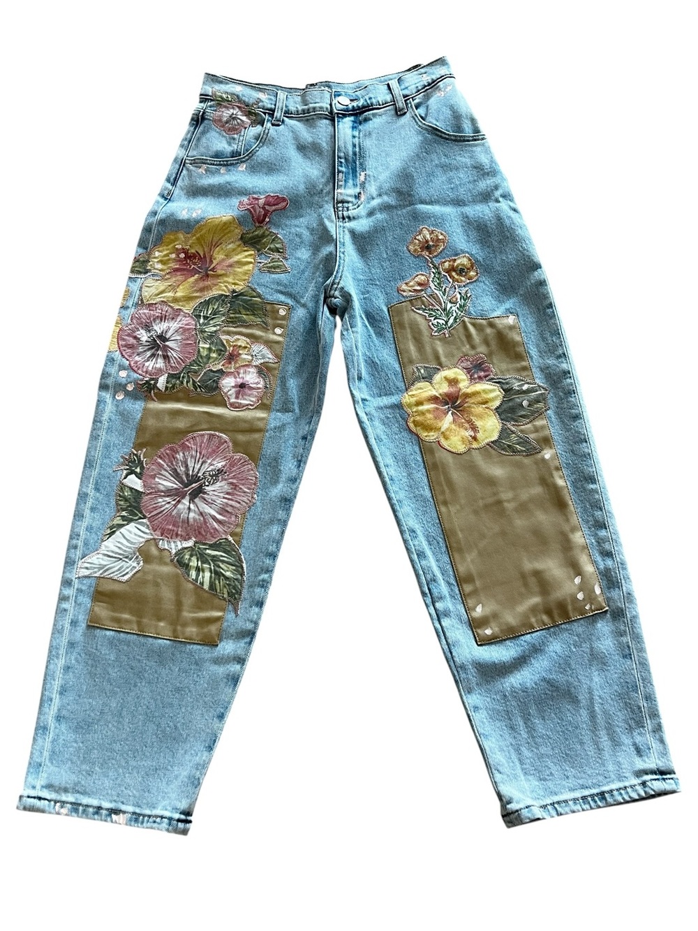 NEW blue b Light Wash Flora Floral Patchwork Hibiscus Pink Poppy Denim Jeans - Picture 2 of 6